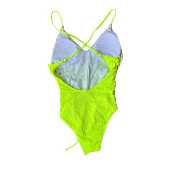 Neon Green One Piece Swimsuit L Lace Up Side Cutout Crisscross Back Bathing Suit - Picture 3 of 7